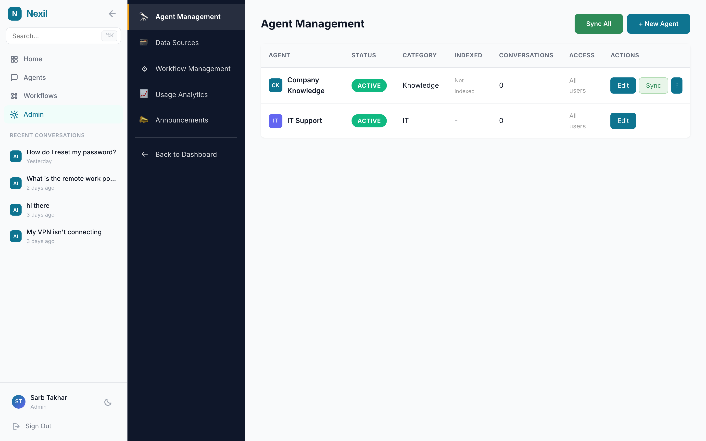Agent management with status, categories, and access controls