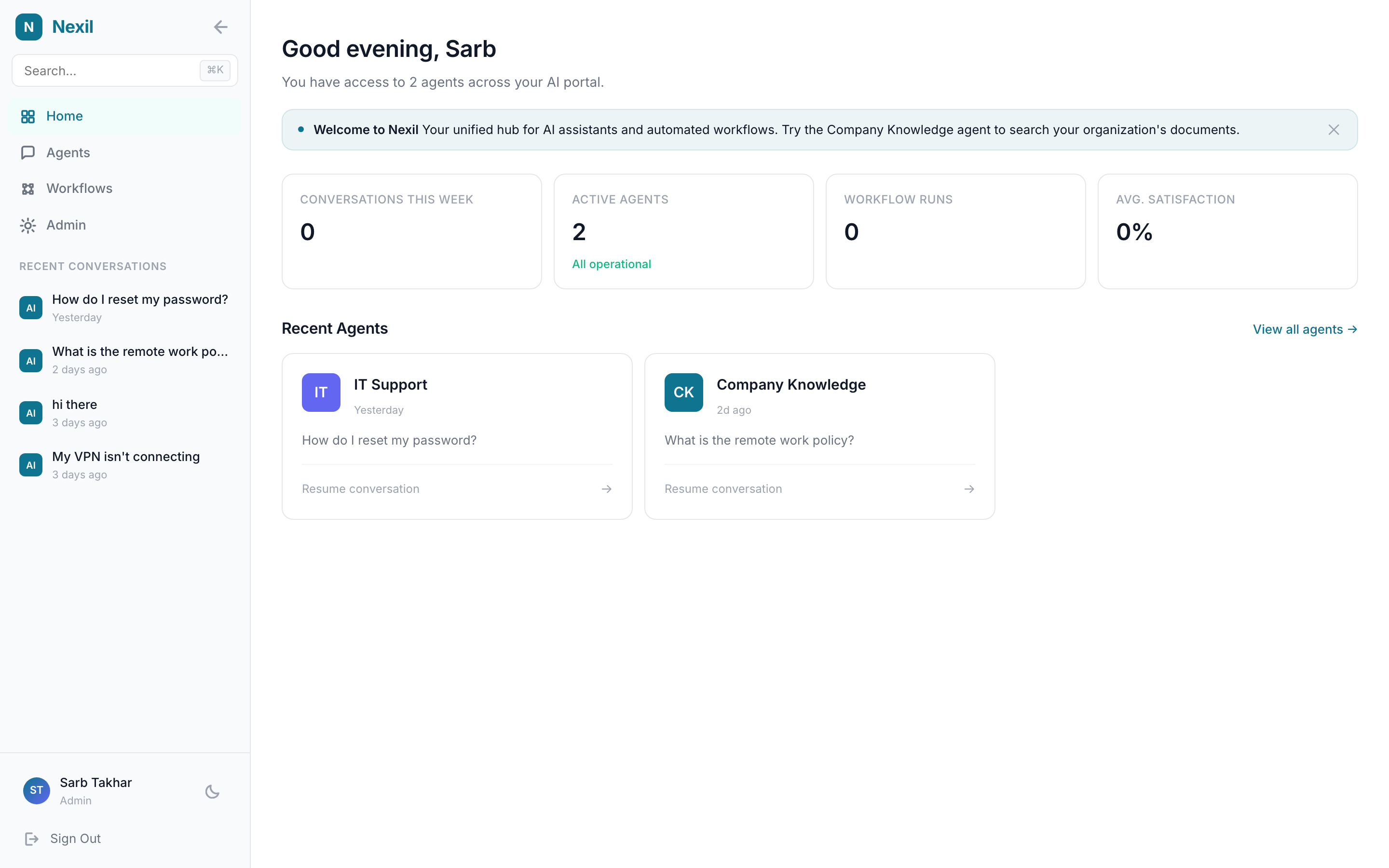 The Nexil AI portal dashboard with agents, stats, and recent activity