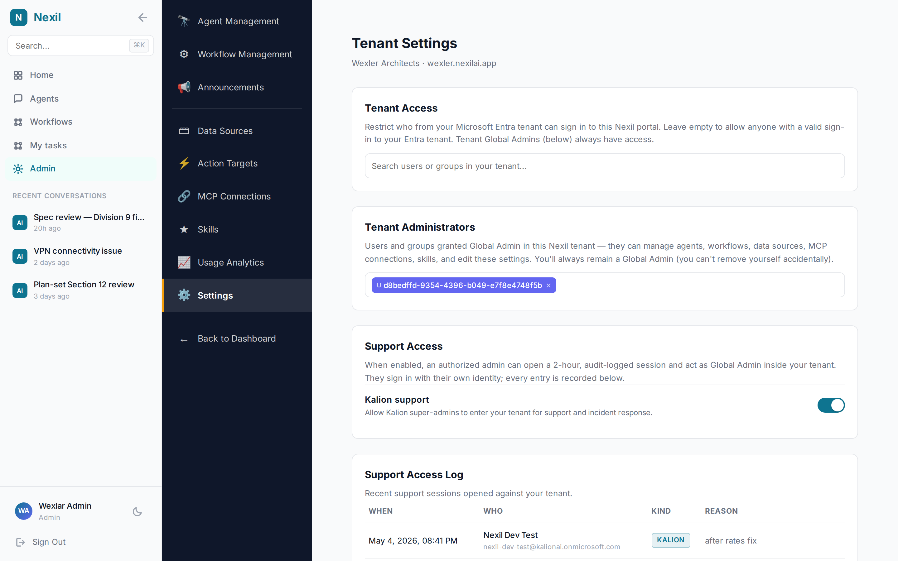 The Nexil tenant settings page showing access ACL and admin lists