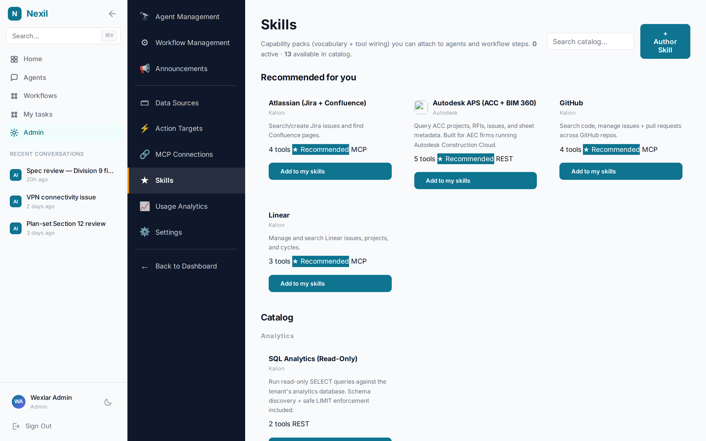 The Skills catalog with vertical-aware Recommended for you featuring