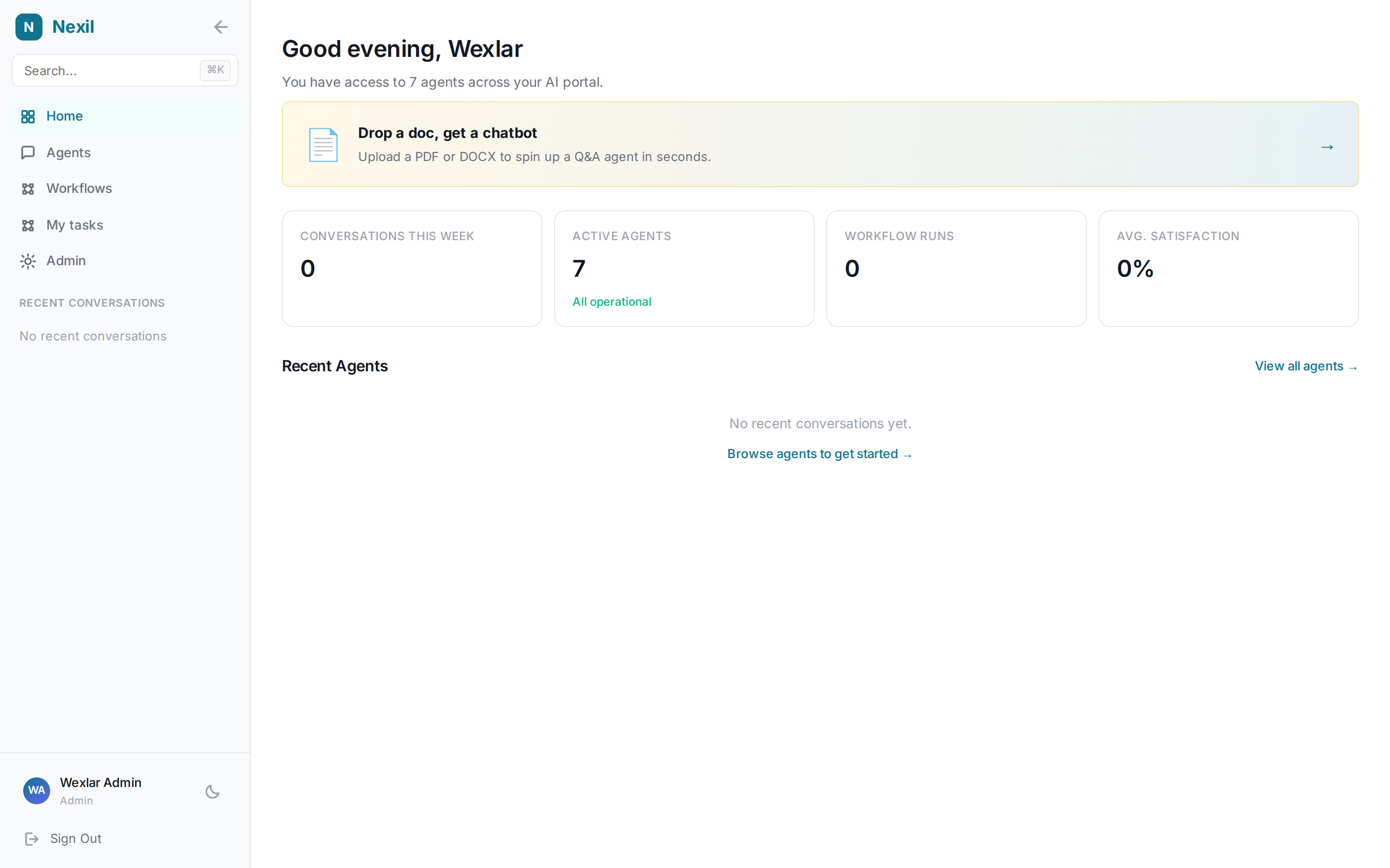The Nexil AI portal dashboard with agents, stats, and recent activity