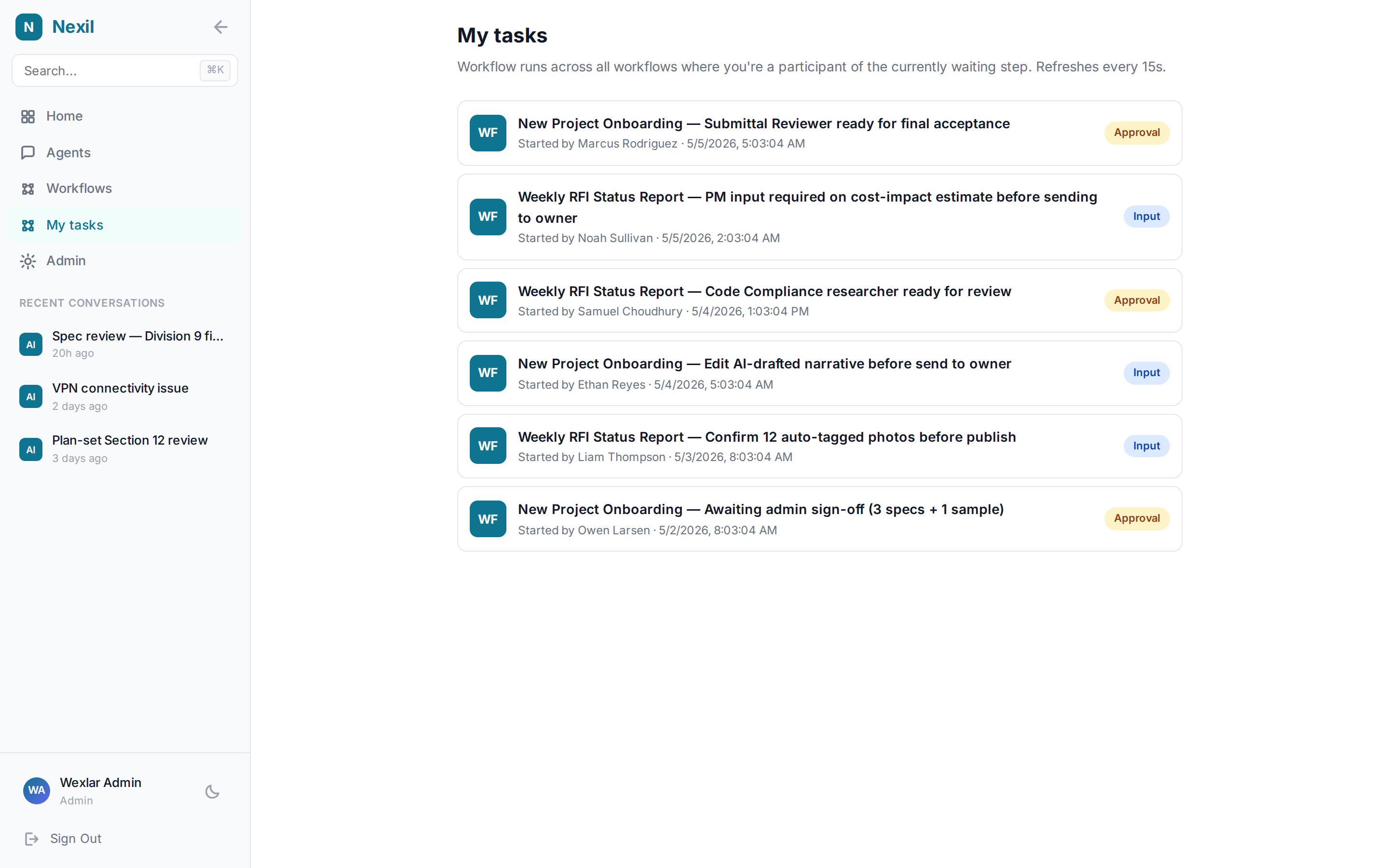 The Nexil my-tasks inbox with workflow runs awaiting approval and input